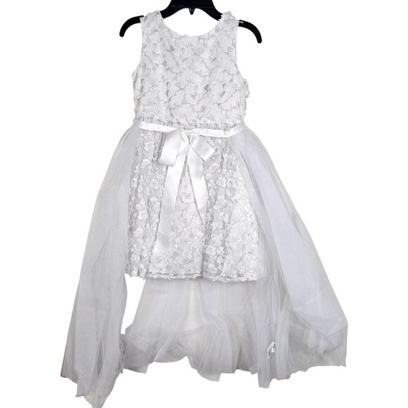 Badgley Mischka Girls White Floral Lace Tulle Dress W/ Satin Bow 2Pc Set Size 8 - Picture 1 of 14